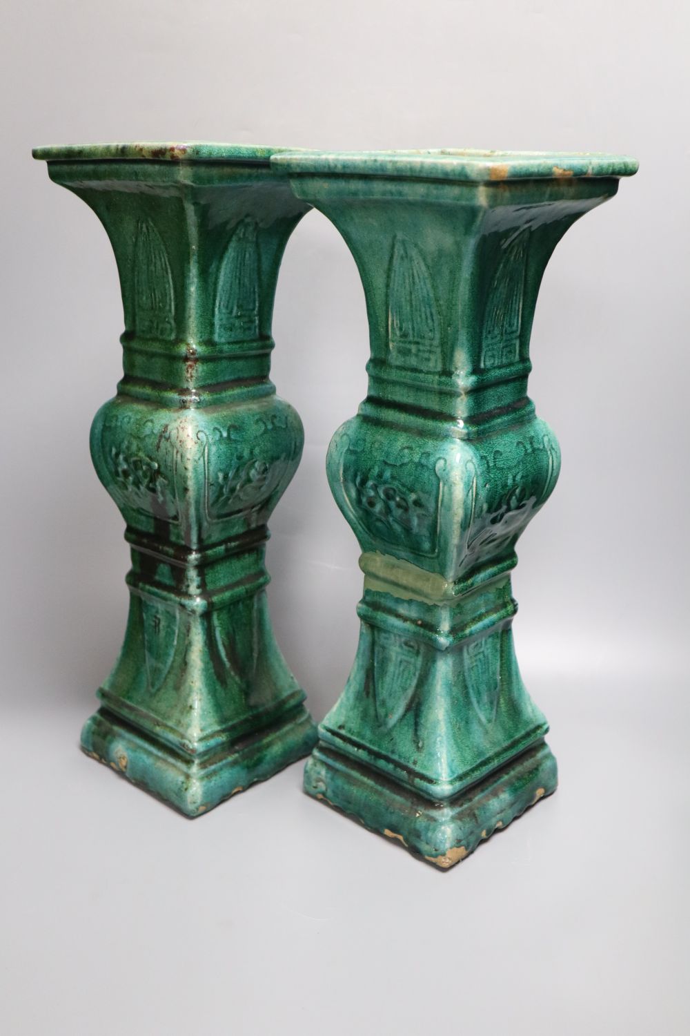 A pair of Chinese turquoise glazed table lamps, height 43cm (converted vases)